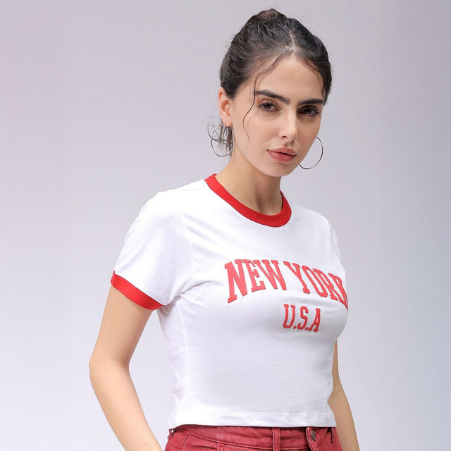 Buy Freehand Women's Casual Slim Typographic Cropped T-shirt