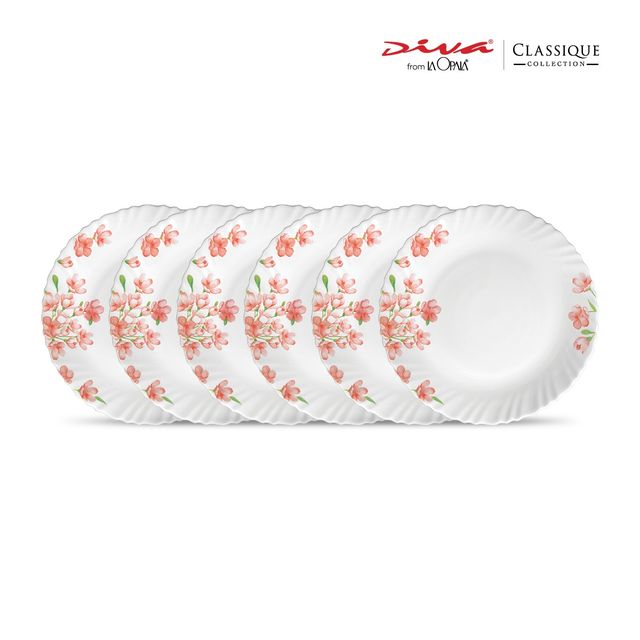 La Opala Diva Classique Dinner Plate | Opal Glass Full Plate for Dining | Set of 6 - Aster Pink