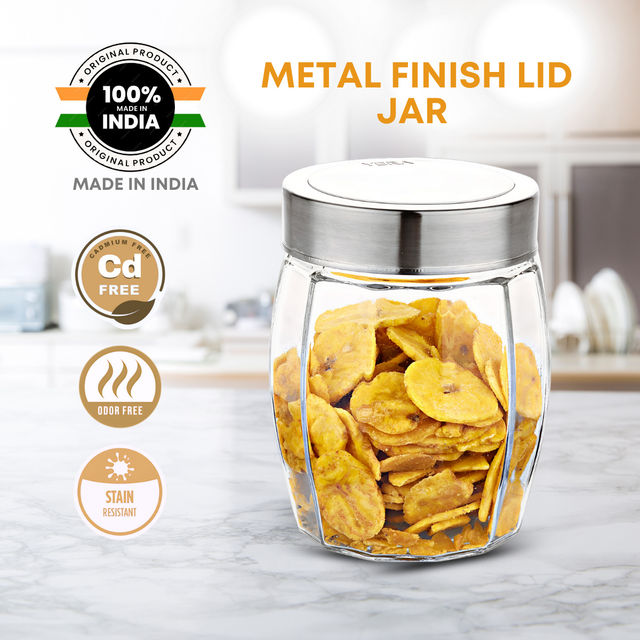 Yera Premium Glass Jar With Steel See-Thorugh Lid 1 Pc 1090 Ml (Each) Barrel Shaped