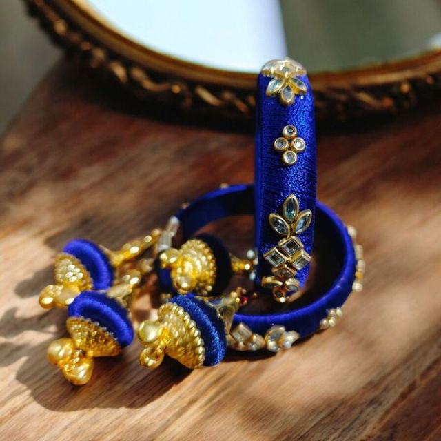 House Of Festivals Designer Bangals with Silk Thread Work - Blue