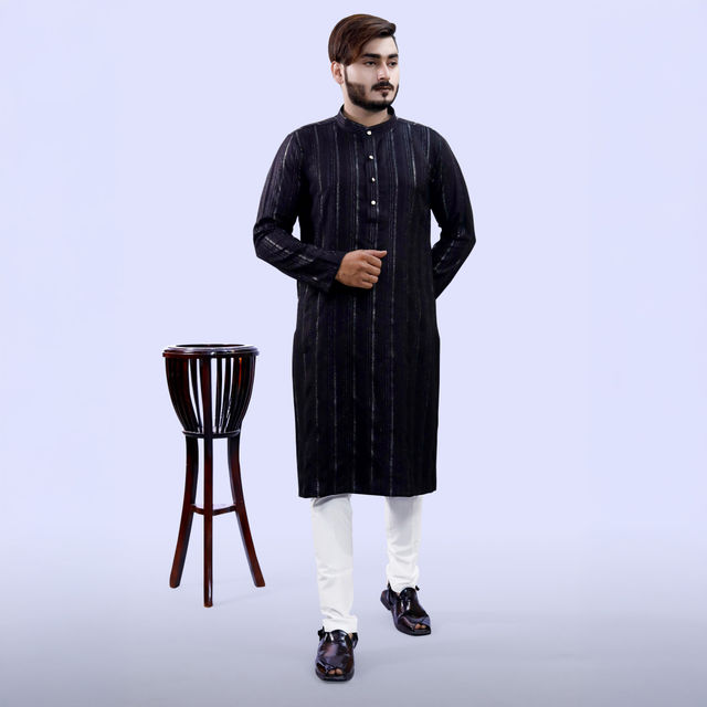 Tibra Collection Men Kurta - Black | Solid | Thin Striped | Cotton Blend | XXL