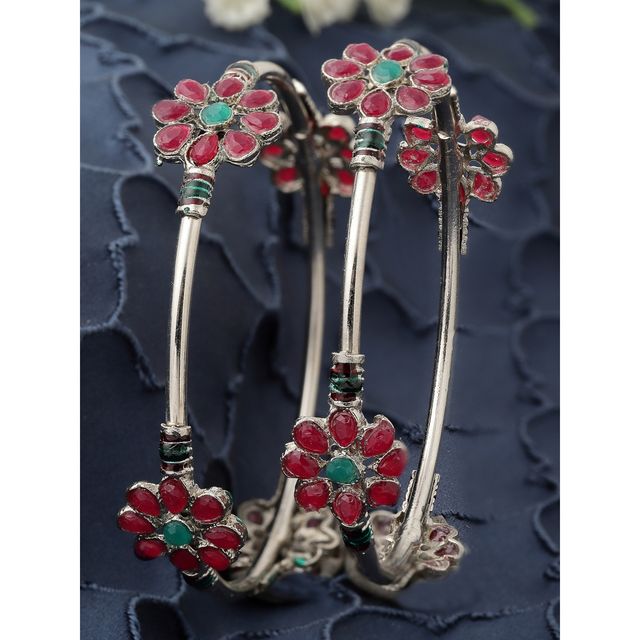 Sukkhi Floral Silver Oxidised Rhodium Plated Red & Green Bracelet Bangle Set for Women - 2.6