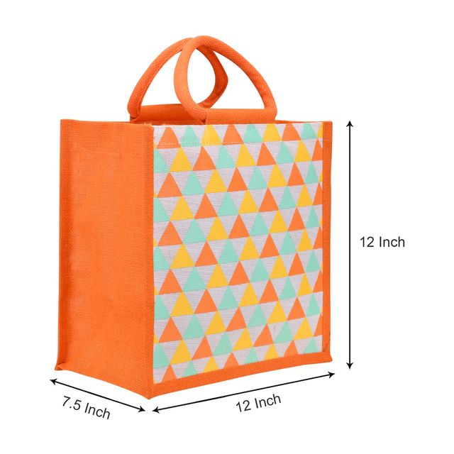 Jute Cottage Carry Bag - Triangle Print Zipper Lunch Bag | Eco-friendly | Orange | 12 x 12 x 7.5