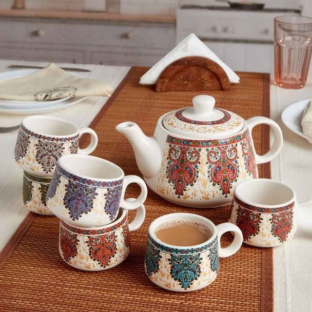 Roxx Mystic Ceramic Tea Set | 180ml x 6 Cups + 1 Pot | Mystic Bloom | Durable | Multicolour