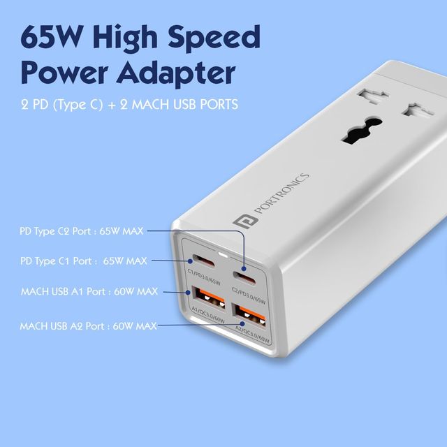 Portronics Adapto Volt 65 65W High speed 5-in-1 Power Strip with 2 Type C PD Ports(White)