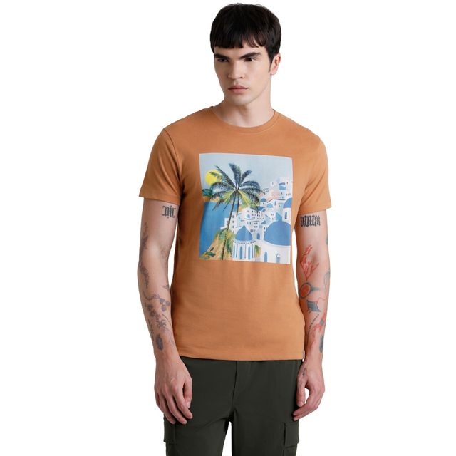 JACK & JONES Men's Graphic Print Crew Neck T-shirt | Brown - L