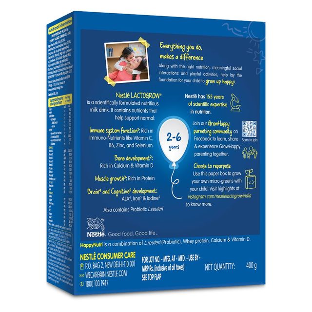 Nestle Lactogrow Nutrition Biscuity Vanilla Drink Mix | For 2 - 6 years KidsNestle LACTOGROW Nutritious Milk Drink | Biscuity Vanilla Flavour (2 - 6 years) 400 g Combo