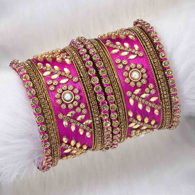 Peora Designer Silk Thread Matching Rani Pink Floral Bangle Set Bridal Chuda Chura(Size - 2.6 inch)