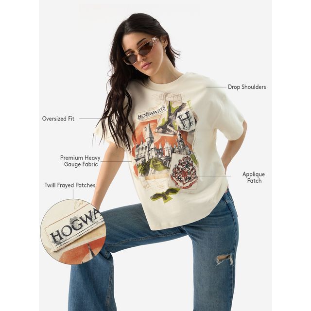 The Souled Store Women's Harry Potter Hogwarts Oversized T-shirt | Cream - XL