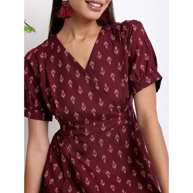 Ketch Women's Ethnic Motifs Printed Gathered A-Line Midi Dress | Brown - S