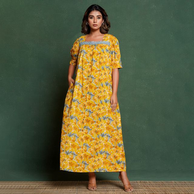 Nihsamah Women's Cotton Lace Nighty | Full Length | Mustard - M