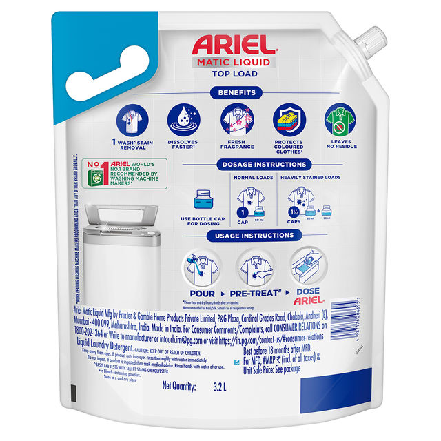 Ariel Liquid Detergent Top Load | Stain Removal in Washing Machine 3 l Combo
