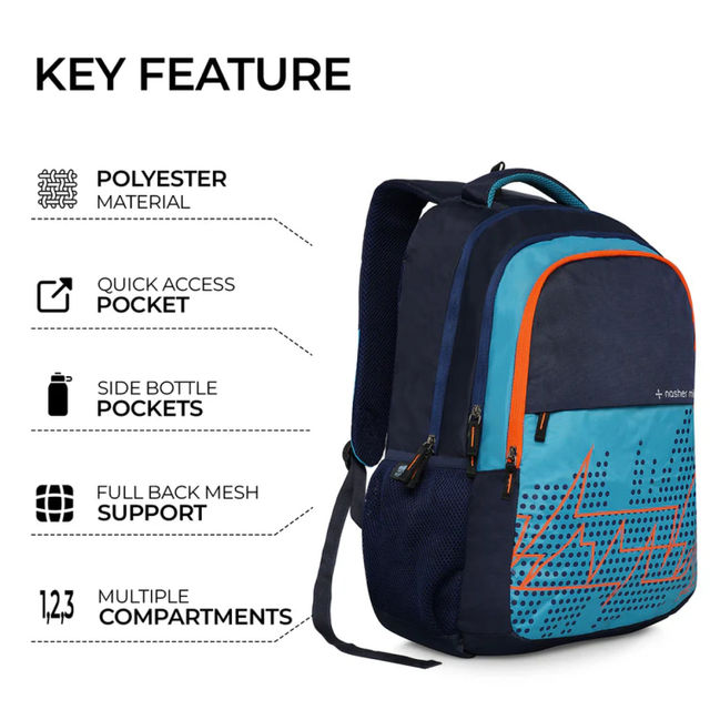 Nasher Miles Pulse Backpack- Unisex- 3 Compartment Casual College Bag- Cyan - 45L