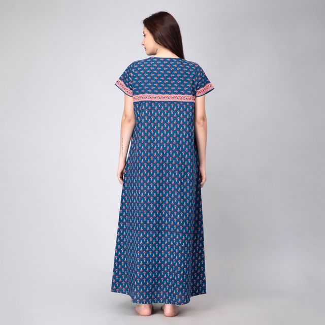 Nihsamah Women's Cotton Essential Button-Up Nighty | Full Length | Indigo - XL