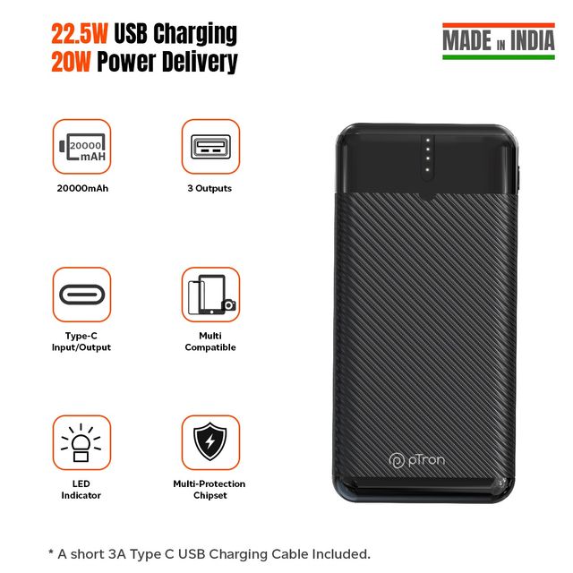 pTron Dynamo Surge 20000mAh 22.5W Power Bank | VOOC/Wrap/Dash Charging | 20W Type-C Charging - Black