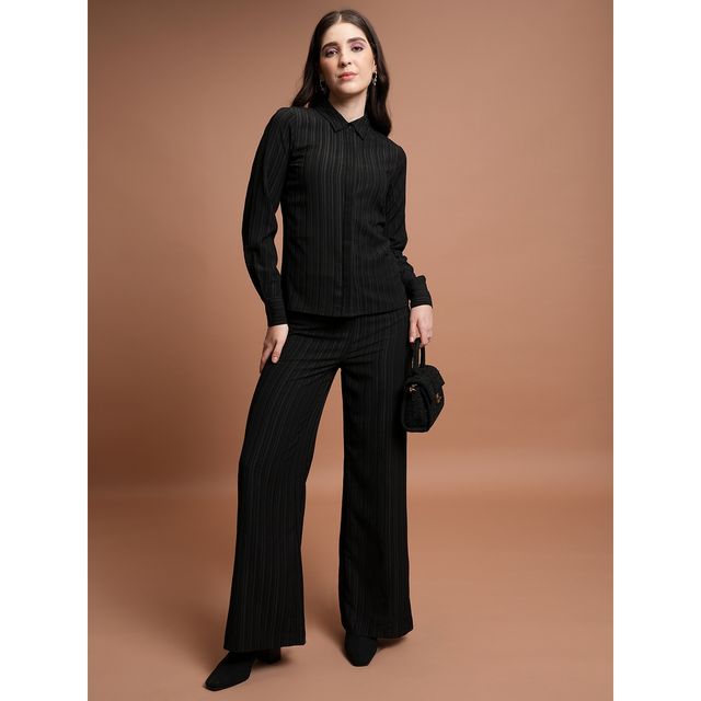 Ketch Women Striped Pleated Shirt With Trouser Co-ords | Black | XL