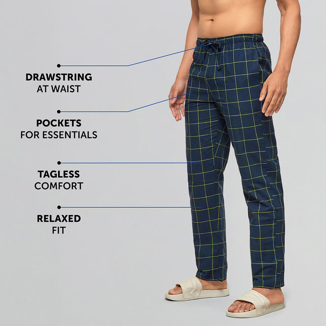 XYXX Checkmate 100% super combed cotton Checks Pyjama Relaxed Fit | 2 Side pockets | Navy- XL