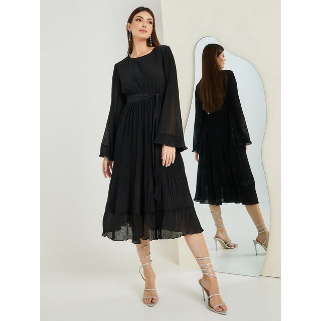 Styli Women's A-Line Midi Dress with Plisse Fabric and Flute Sleeves | Black - M