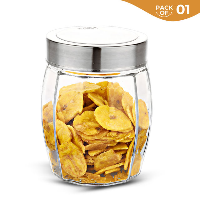 Yera Premium Glass Jar With Steel See-Thorugh Lid 1 Pc 1090 Ml (Each) Barrel Shaped