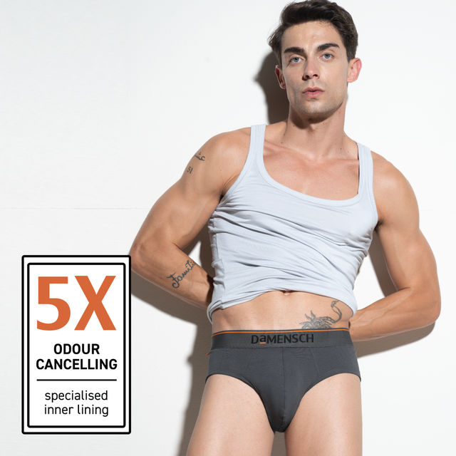 DaMENSCH Men's Brief | Basic Solid, Deo Cotton | Black Knight and Charcoal Dust - S