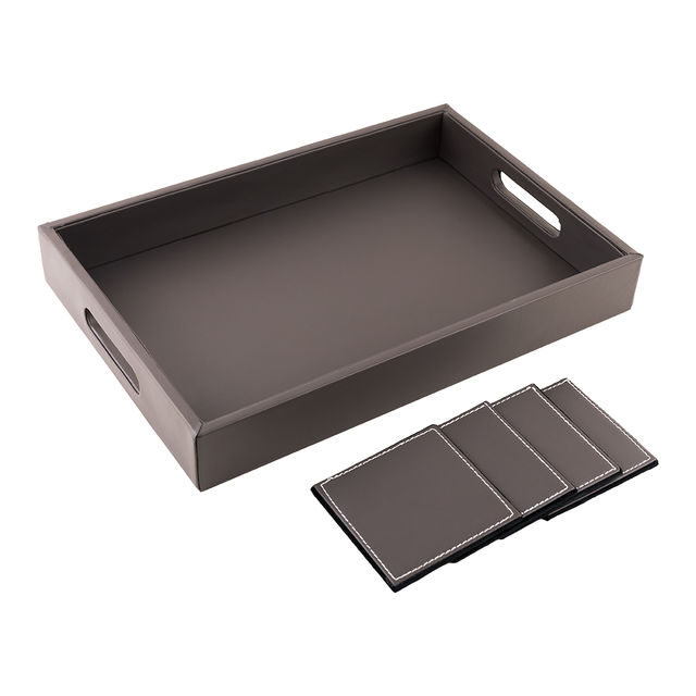 Birch & Co. Leather Serving Tray - Grey With Four Free Matching Coasters