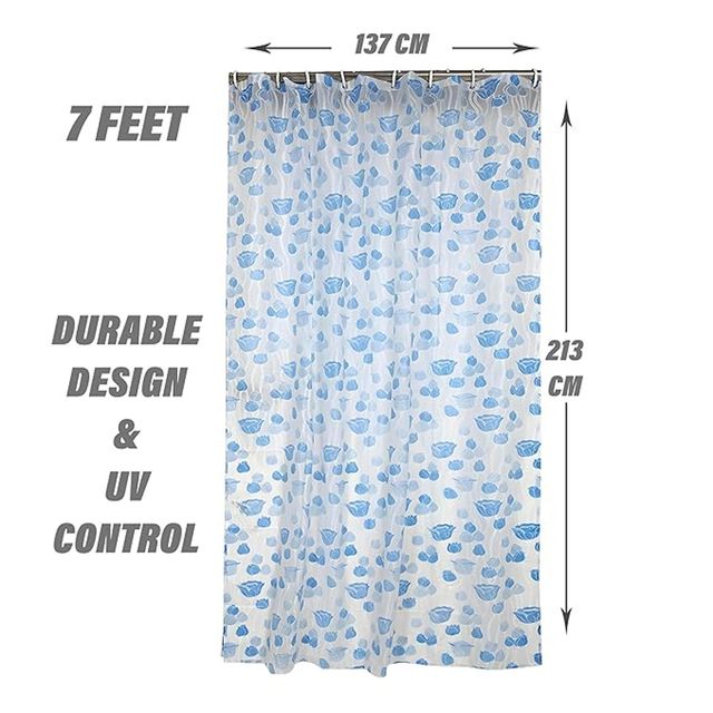 Kuber Industries PVC Floral Shower Curtain with Hooks | Size Standard (Blue) | Washable | Pack of 1