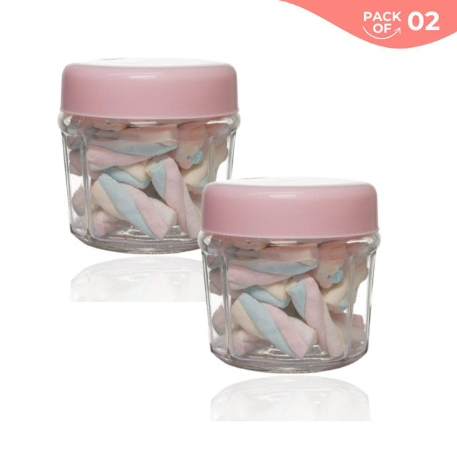 Yera Shell Glass Jar 2 Pc Set With Airtight Light Pink Plastic Lids 320 Ml (Each)