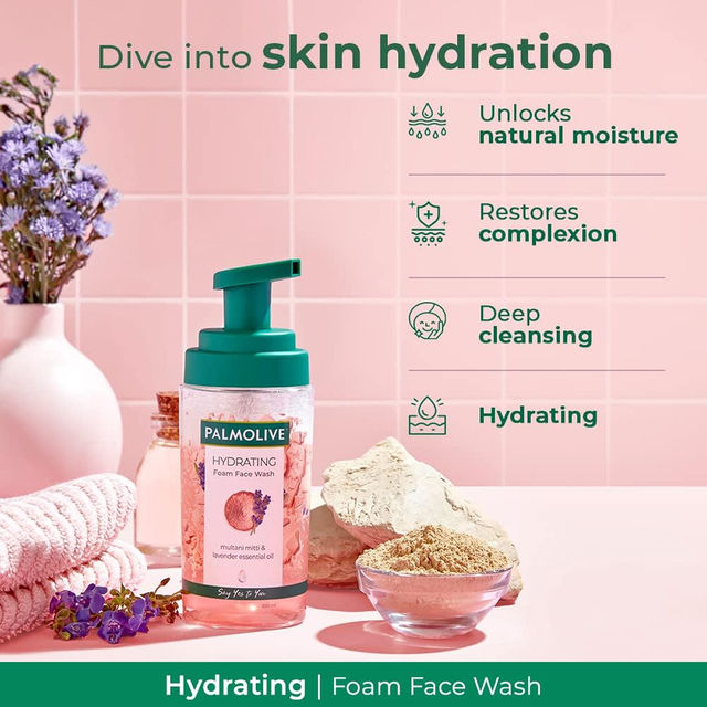 Palmolive Hydrating Foam Facewash Made Up Of A 100% Natural Unique Blend Of Multani Mitti And Lavender Essential Oil Extract, Face Wash Suitable For All Skin Types