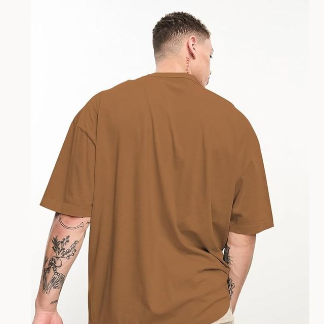 Chkokko Men's Oversized Solid Round Neck T-shirt | Golden Brown - S