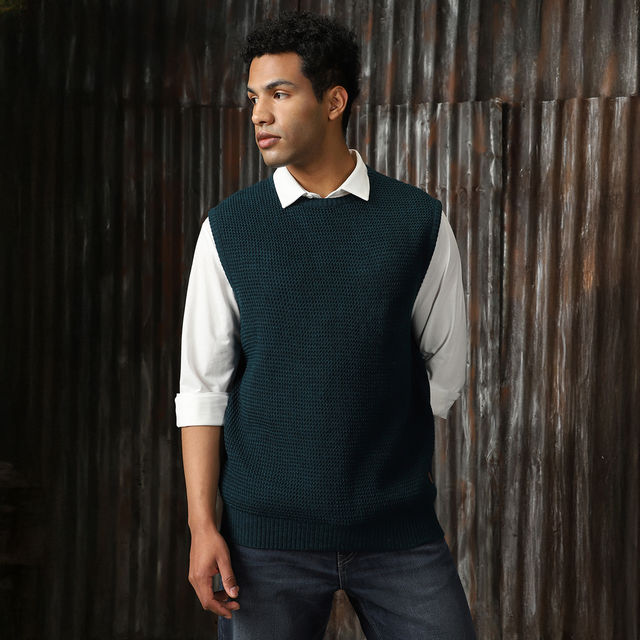 Buy High Star Men's Sleeveless Round Neck Pullover Vest | Blue - M