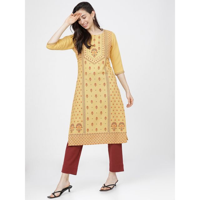 Ketch Women Ethnic Motifs Printed Straight Kurta | Yellow | M