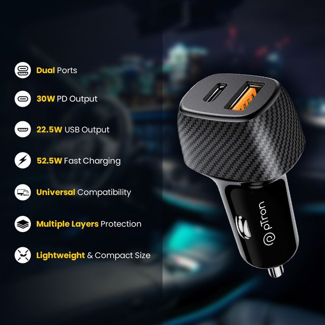 pTron Bullet Zip 52.5W Car Charger For Samsung, Apple, MacBook, iPad, Oppo, OnePlus - Black