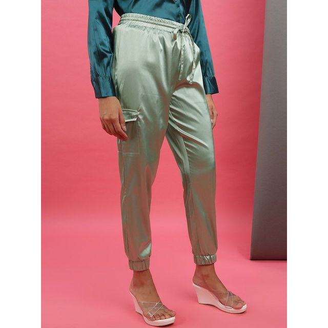 Freehand Women's Casual Cargo Joggers - Sage Green | Solid | Regular Fit | 30