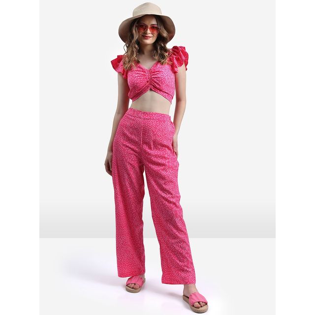 Ketch Women Geometric Printed Crop-Top and Trousers Co-ords | Pink | S