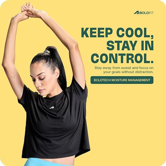 Boldfit Women's Training T-shirt Cropped Relax Fit Active Workout Quick Dry | Black - XL