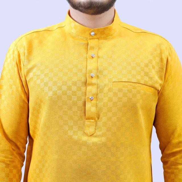 Tibra Collection Men Block Pattern Cotton Blend Kurta - Yellow | XL (42)