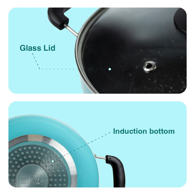 BAY6 Nonstick Induction Bottom Kadai with Glass Lid (3mm) 22 cm - Teal