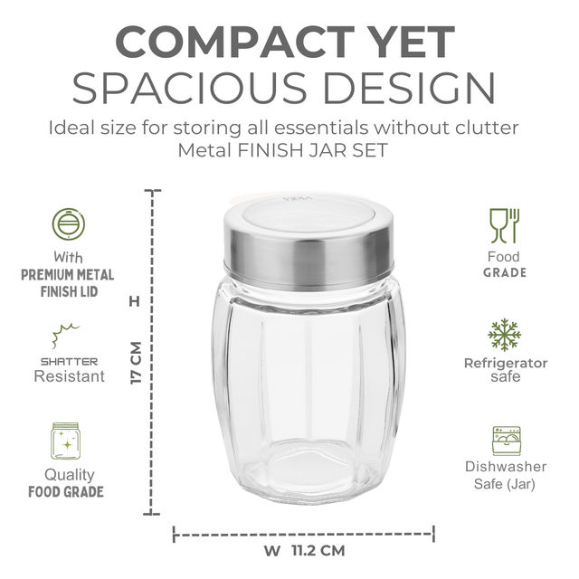 Yera Premium Glass Jar With Steel See-Thorugh Lid 1 Pc 1090 Ml (Each) Barrel Shaped