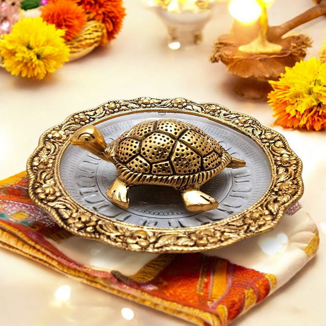 Urbanfix Metal Feng Shui Turtle With Plate Showpiece (Golden)