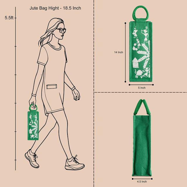 Jute Cottage Carry Bag - Bottle Bag Warli Print | Eco-friendly | Stylish | Green | 14 x 5 x 4.5