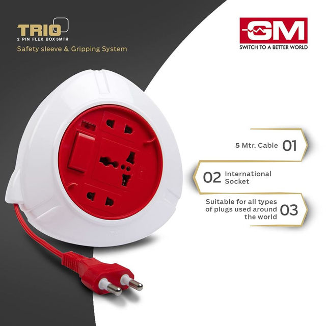 GM 3041 Trio 2 Pin Flex Box 5 Mtr. with Indicator & International Socket