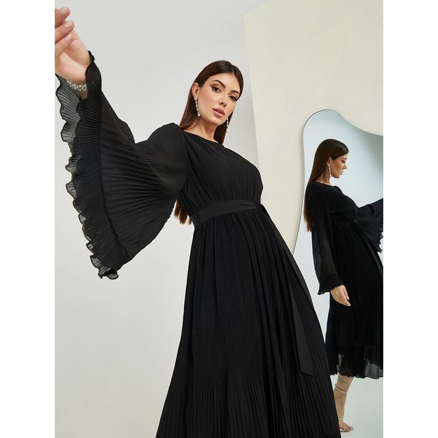 Styli Women's A-Line Midi Dress with Plisse Fabric and Flute Sleeves | Black - M