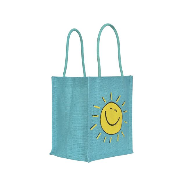 Jute Cottage Carry Bag - Smiley Print Lunch Bag | Eco-friendly | Stylish | Blue | 9 x 8 x 6