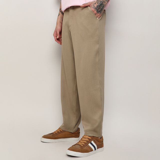 Campus Sutra Men's Solid Tailored Trousers | Beige - 30