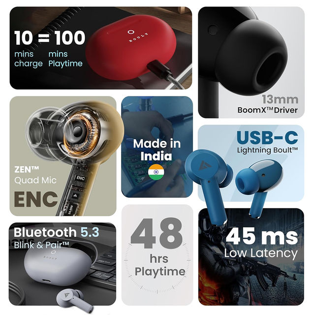 Boult W40 with Quad Mic ENC, 48H Battery Life, Low Latency Gaming (Electric Black, True Wireless)