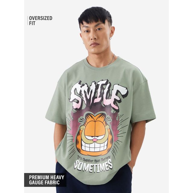 The Souled Store Men's Garfield Smile Oversized T-shirt | Green - S