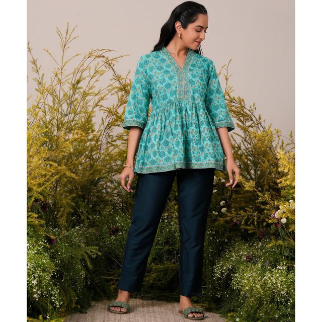 Libas Turquoise Cotton Floral Printed a | Line Kurti | Turquoise Blue | S