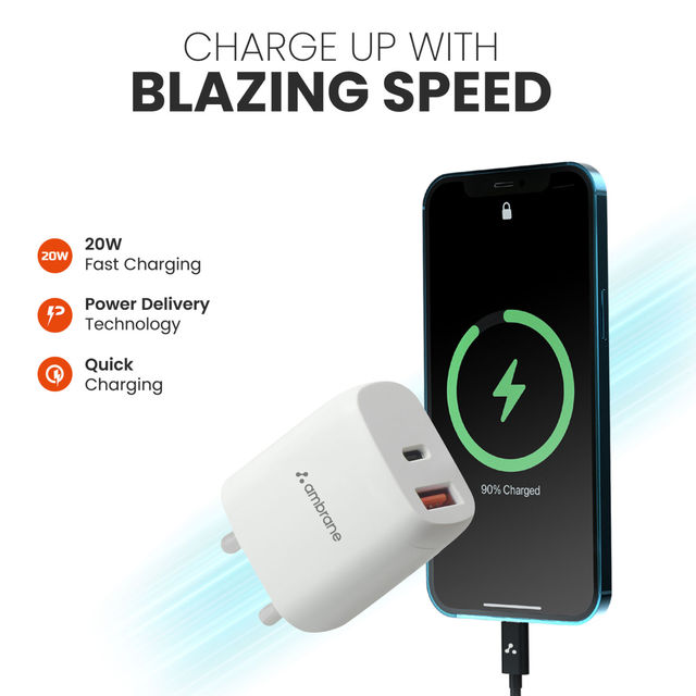 Ambrane 20W Dual Output Fast Charger/Adapter With Qc & Pd Technology For Iphone Android & Other Devices Multi-Layers Protection (Raap H11White)