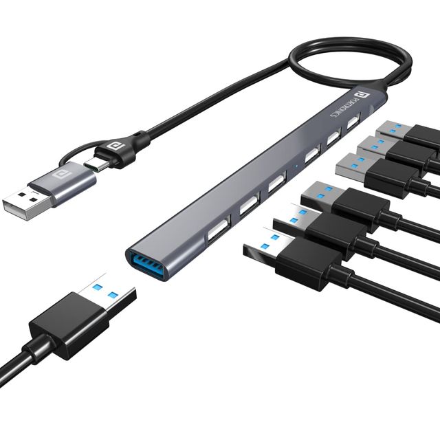 Portronics Mport 7 USB Hub (7-in-1), Multiport Adapter with Dual Convertible USB Type C Heads Grey