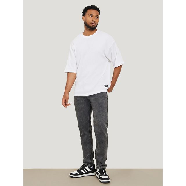 Styli Men's Waffle Knit Oversized T-shirt with Turn Up Sleeve | White - XL